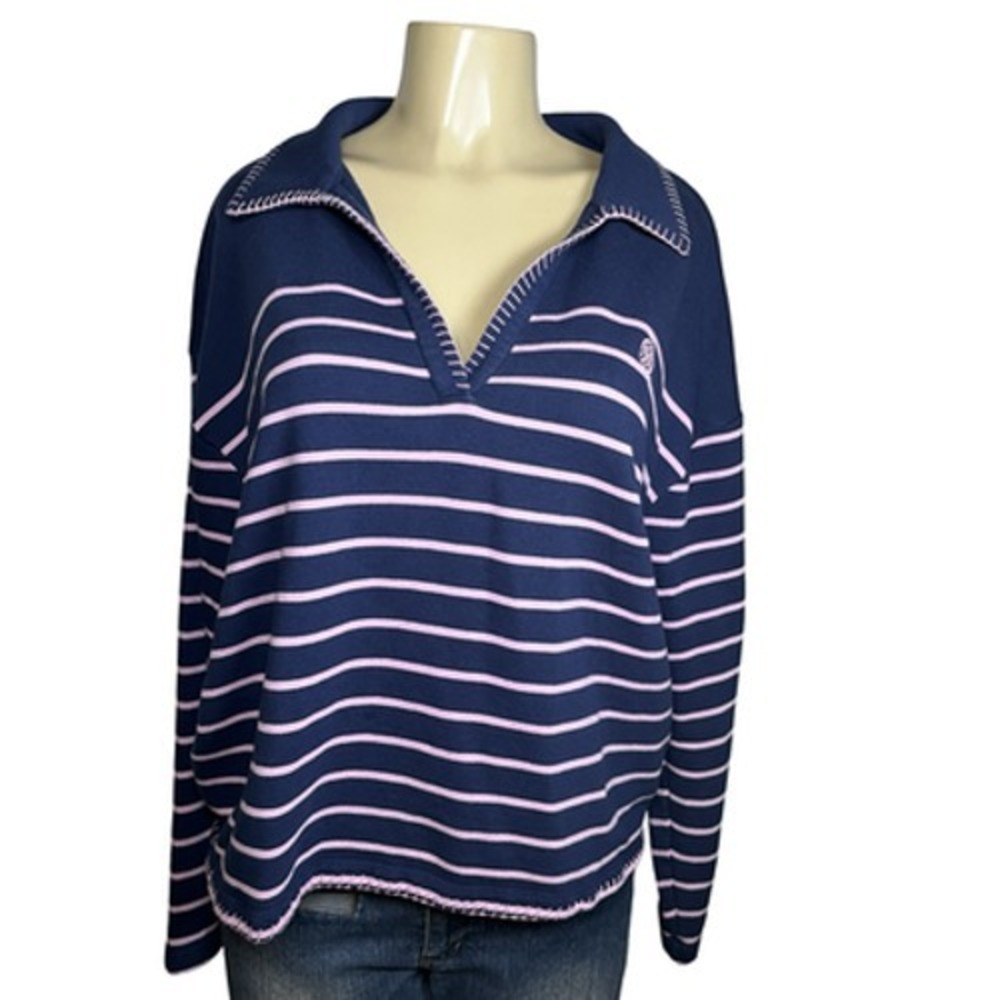 Lilly Pulitzer Sweater Womens XL Blue Stripe Collared V Neck Pullover Knit Top - Picture 2 of 9